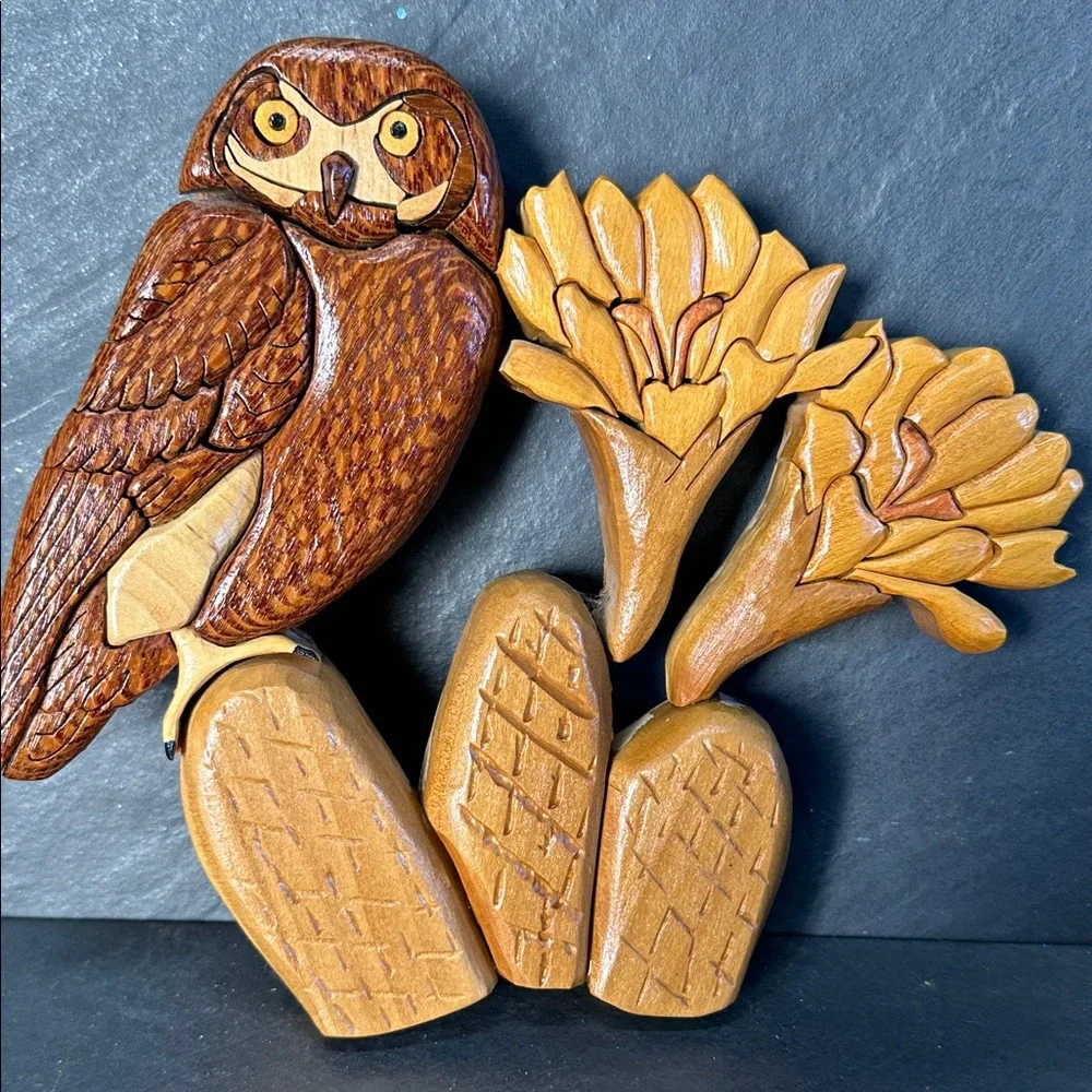 Handcrafted Wooden Owl and Flowers Decor signed